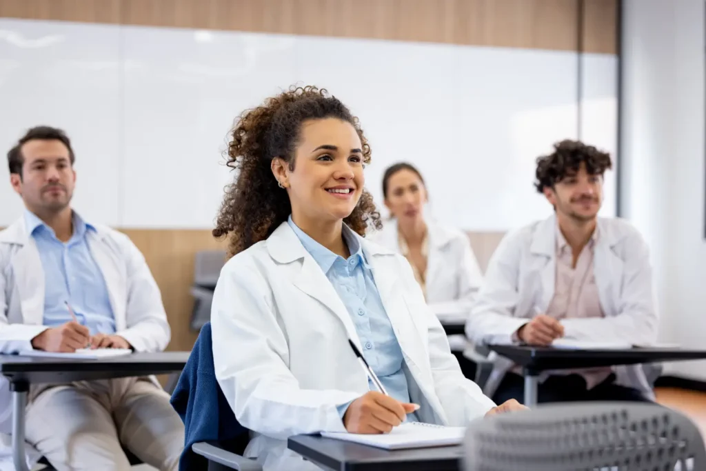 Medical students attentively listening in classroom.