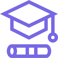 Graduation cap and diploma icon in purple.